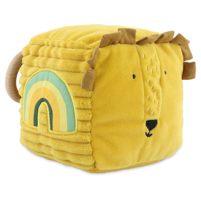 Cube d'activités Mr Lion Trixie Baby du côté arc en ciel sur fond blanc