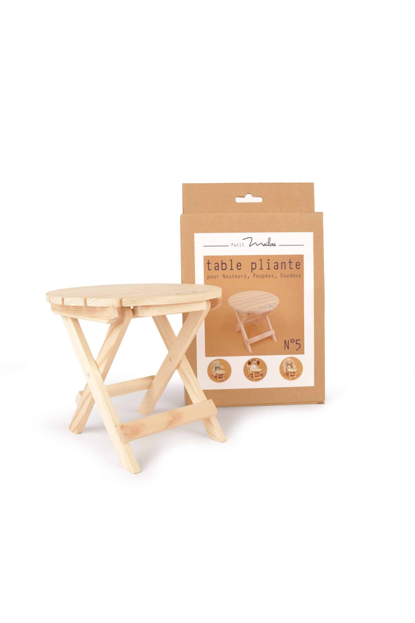 Table pliante pour doudous et poupées - Maïlou, vue de côté dépliée sur fond blanc