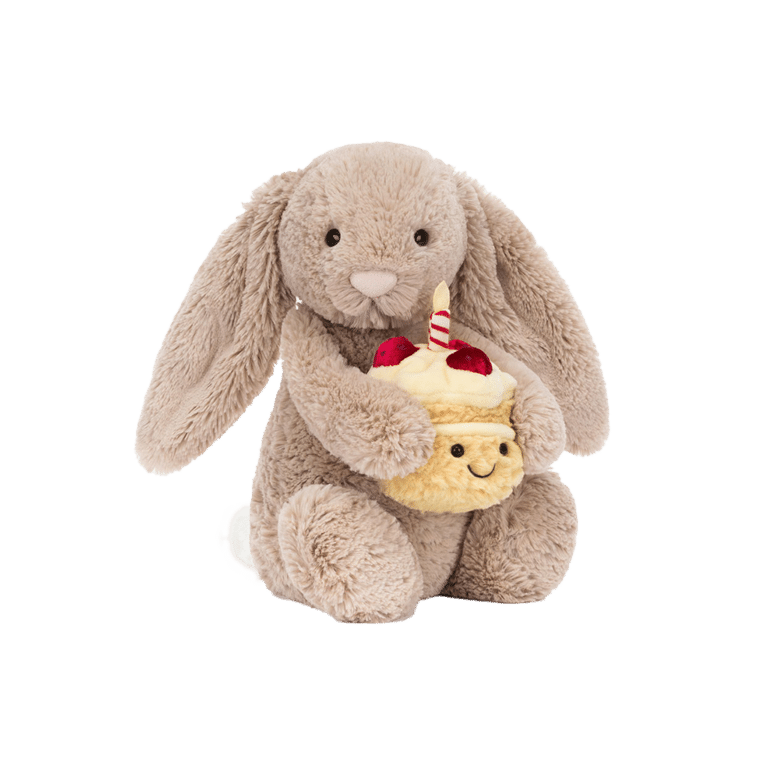 Doudou lapin Bashful – Gâteau anniversaire, Jellycat, vue de face sur fond blanc
