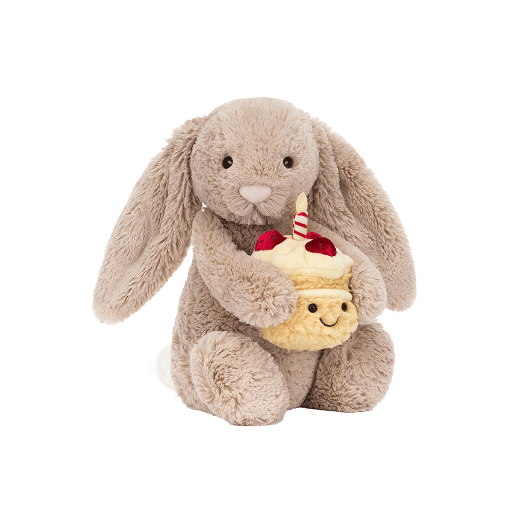 Doudou lapin Bashful – Gâteau anniversaire, Jellycat, vue de face sur fond blanc