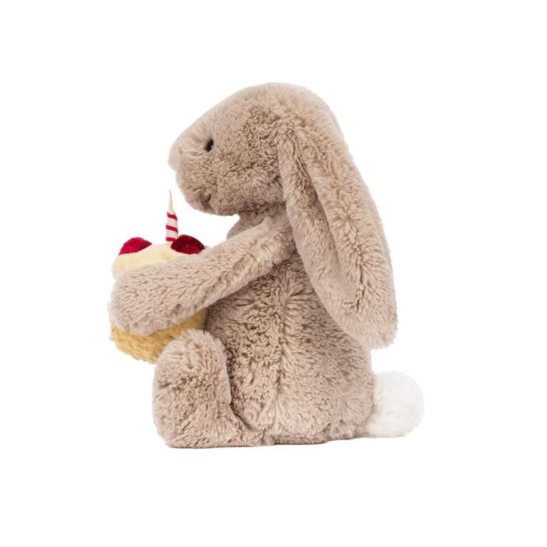 Doudou lapin Bashful – Gâteau anniversaire, Jellycat, vue de côté sur fond blanc