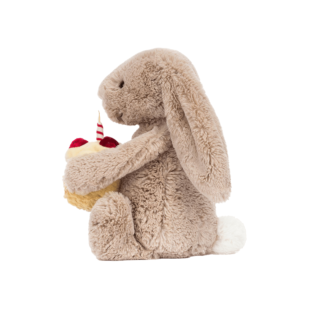 Doudou lapin Bashful – Gâteau anniversaire, Jellycat, vue de côté sur fond blanc