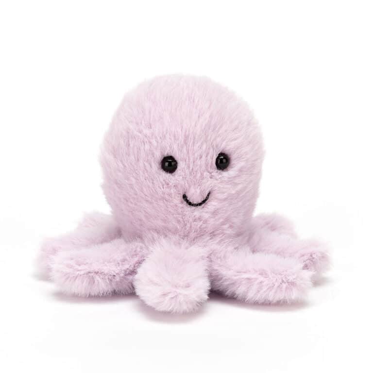 Petit doudou pieuvre violet - Jellycat, vue de face sur fond blanc