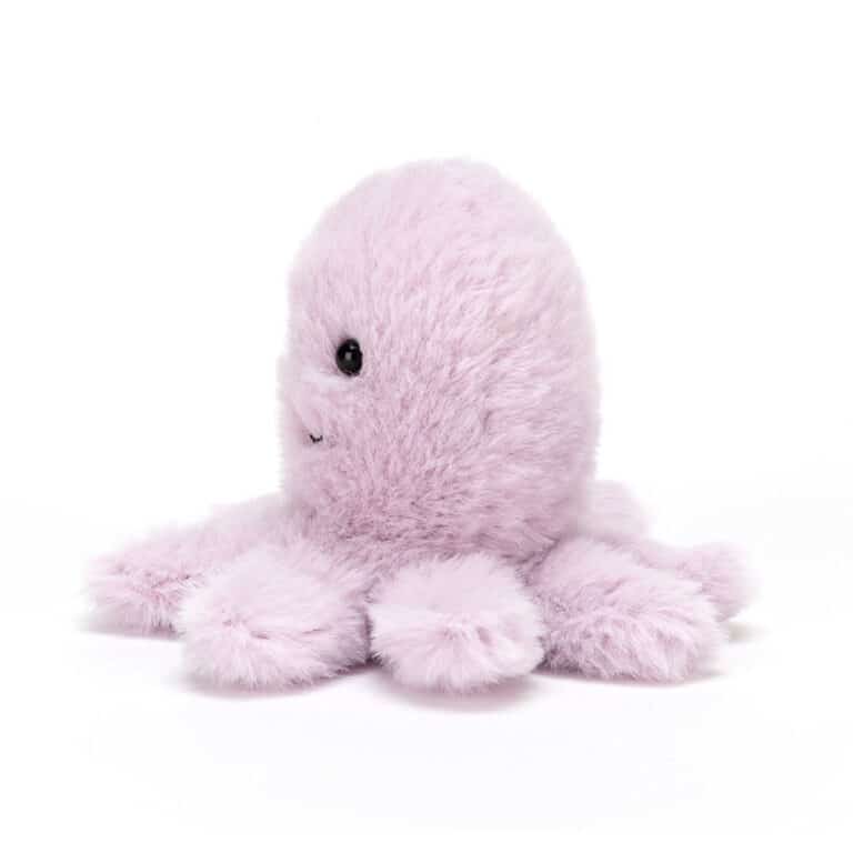 Petit doudou pieuvre violet - Jellycat, vue de côté sur fond blanc