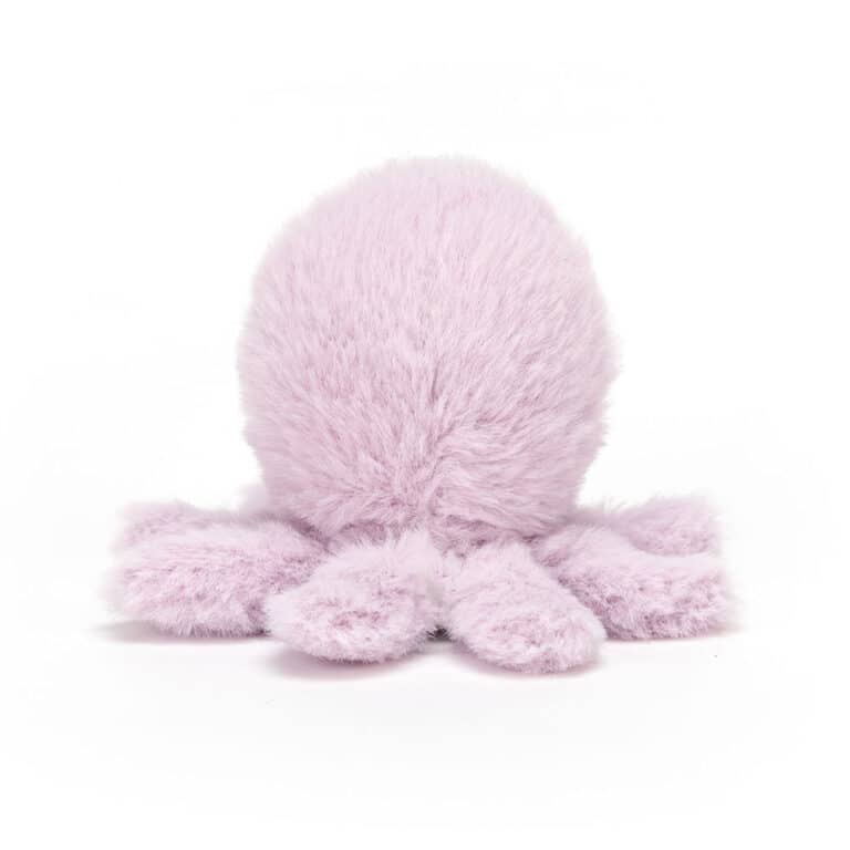 Petit doudou pieuvre violet - Jellycat, vue de dos sur fond blanc