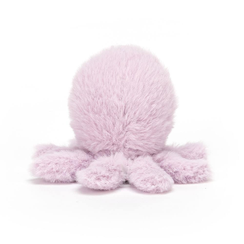 Petit doudou pieuvre violet - Jellycat, vue de dos sur fond blanc