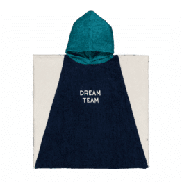 Poncho éponge bleu et vert "dream team" - Chamaye, vue de face sur fond blanc