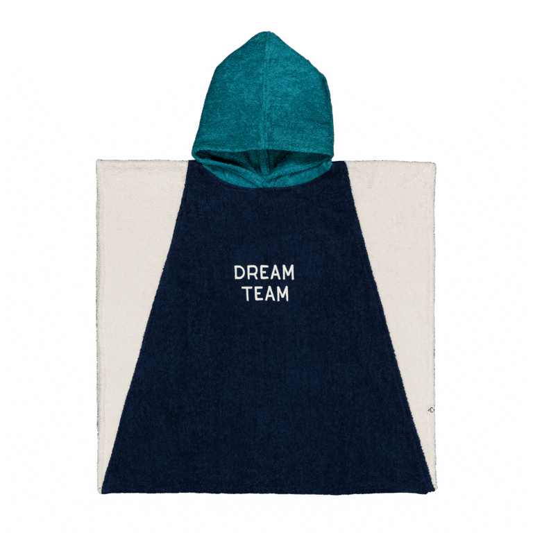 Poncho éponge bleu et vert "dream team" - Chamaye, vue de face sur fond blanc