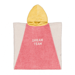 Poncho éponge rose et jaune "dream team" - Chamaye, vue de face sur fond blanc