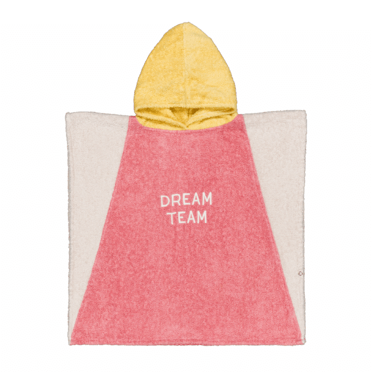 Poncho éponge rose et jaune "dream team" - Chamaye, vue de face sur fond blanc
