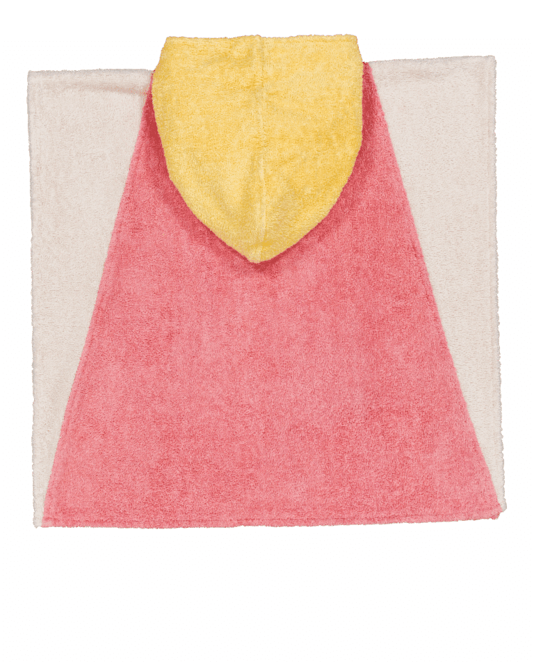 Poncho éponge rose et jaune "dream team" - Chamaye, vue de dos sur fond blanc