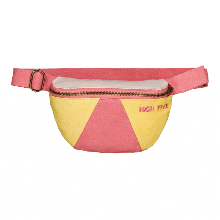 Banane toile jaune et rose enfant ou adulte "high five" - Chamaye, vue de face sur fond blanc