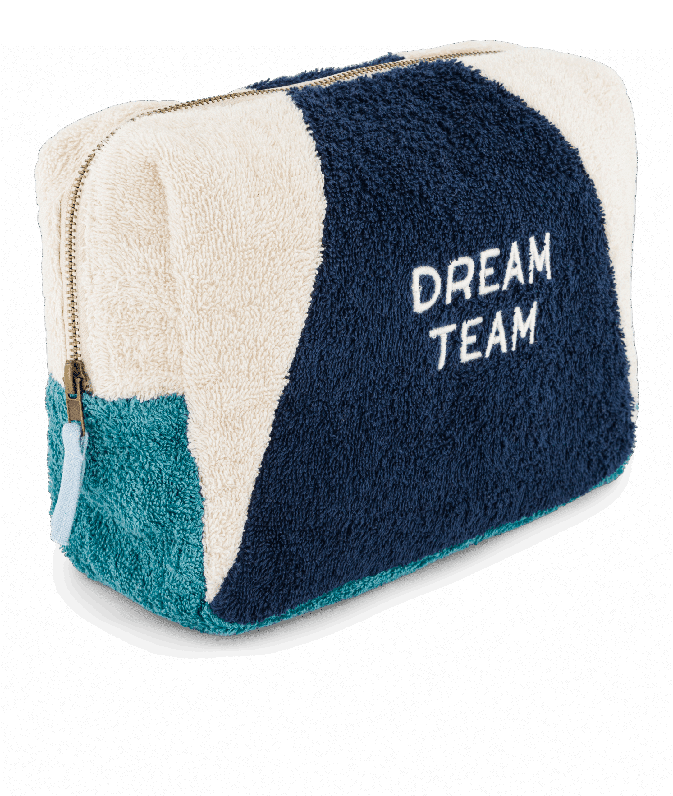 Trousse de toilette en éponge "dream team" bleu - Chamaye, vue de côté sur fond blanc