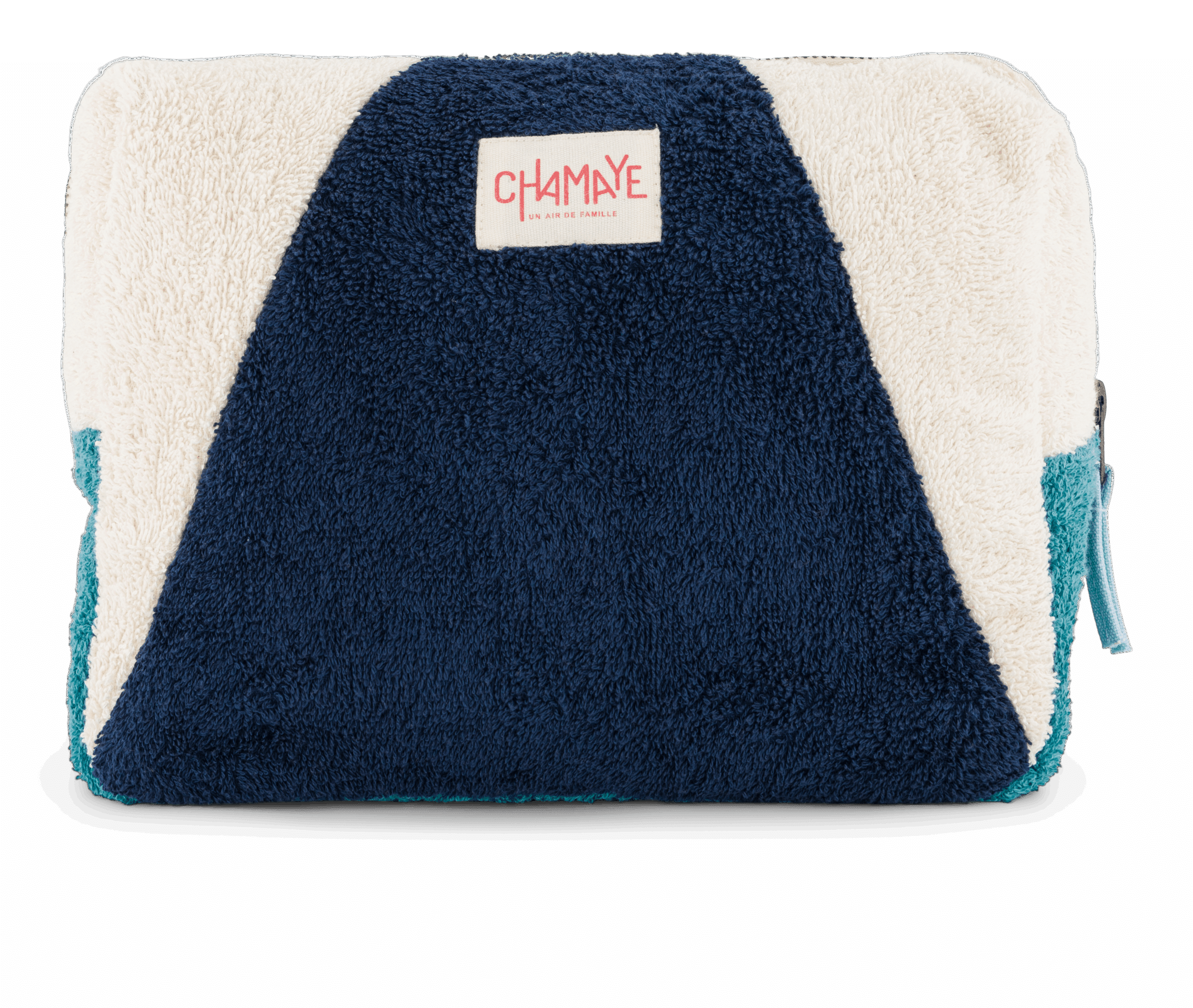 Trousse de toilette en éponge "dream team" bleu - Chamaye, vue de dos sur fond blanc