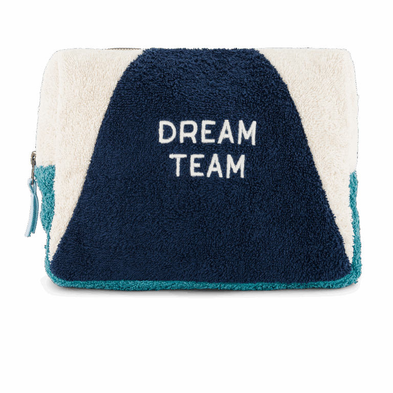 Trousse de toilette en éponge "dream team" bleu - Chamaye, vue de face sur fond blanc