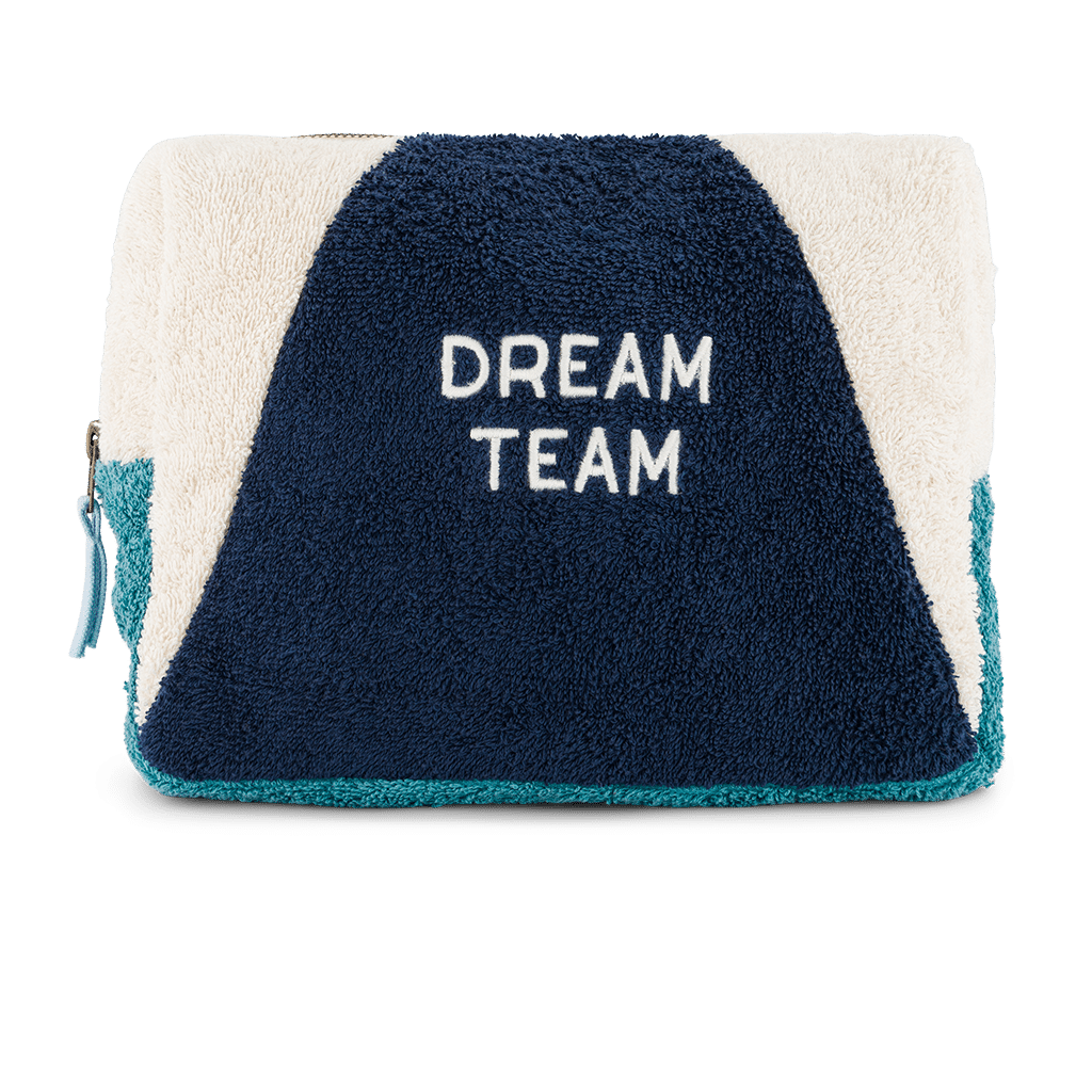 Trousse de toilette en éponge "dream team" bleu - Chamaye, vue de face sur fond blanc
