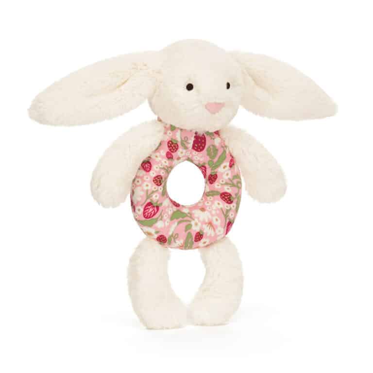 Doudou Hochet Lapin Crème Petites Fraises – Jellycat - Vu de face sur fond blanc