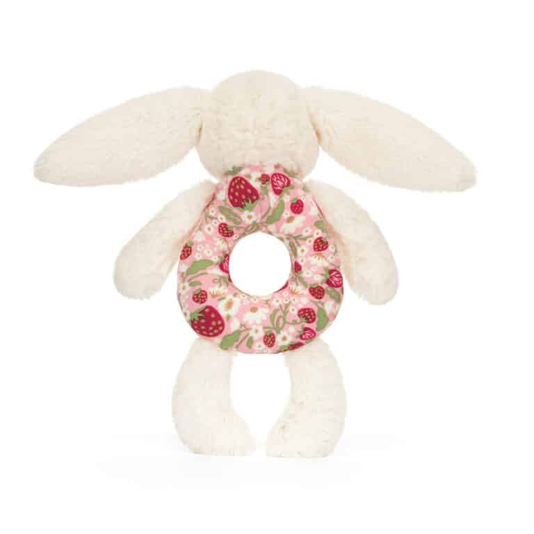 Doudou Hochet Lapin Crème Petites Fraises – Jellycat - Vu de dos sur fond blanc