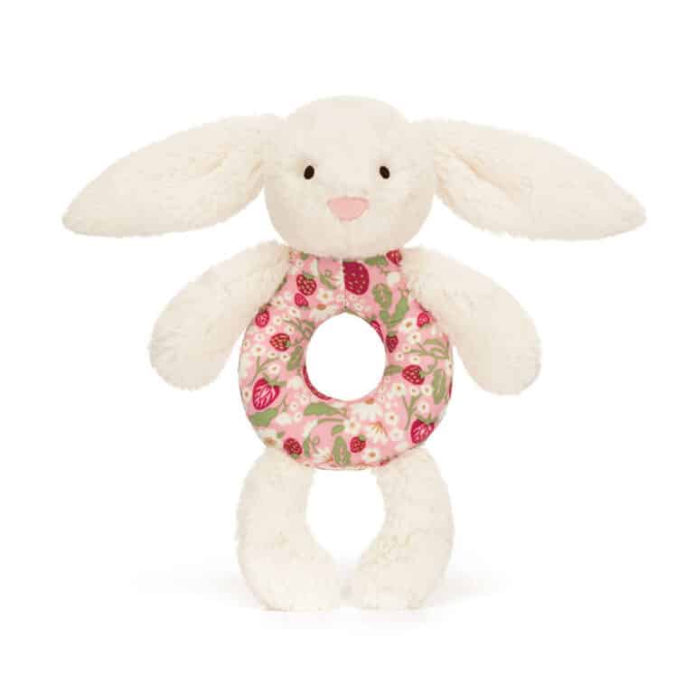 Doudou Hochet Lapin Crème Petites Fraises – Jellycat - Vu de face sur fond blanc
