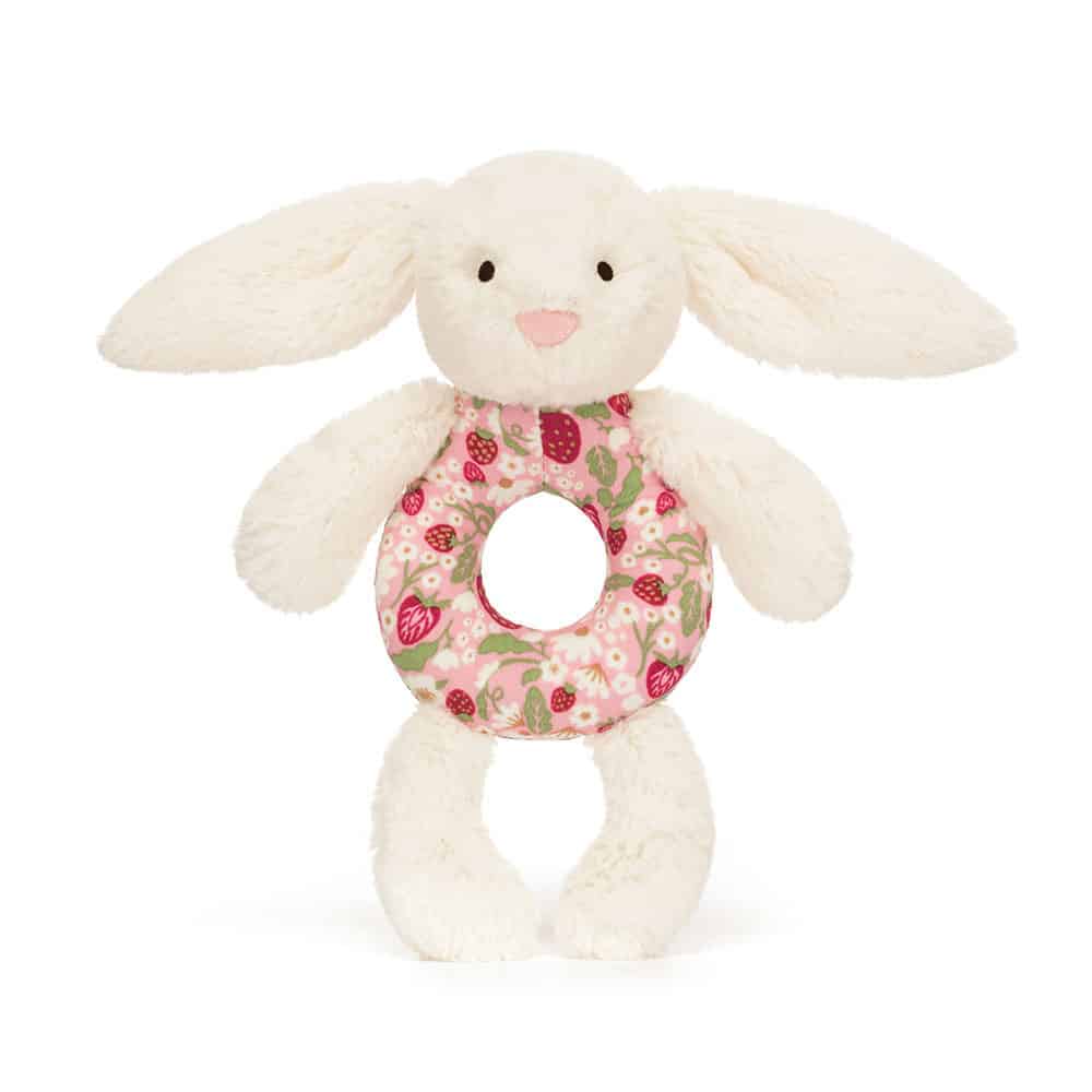 Doudou Hochet Lapin Crème Petites Fraises – Jellycat - Vu de face sur fond blanc