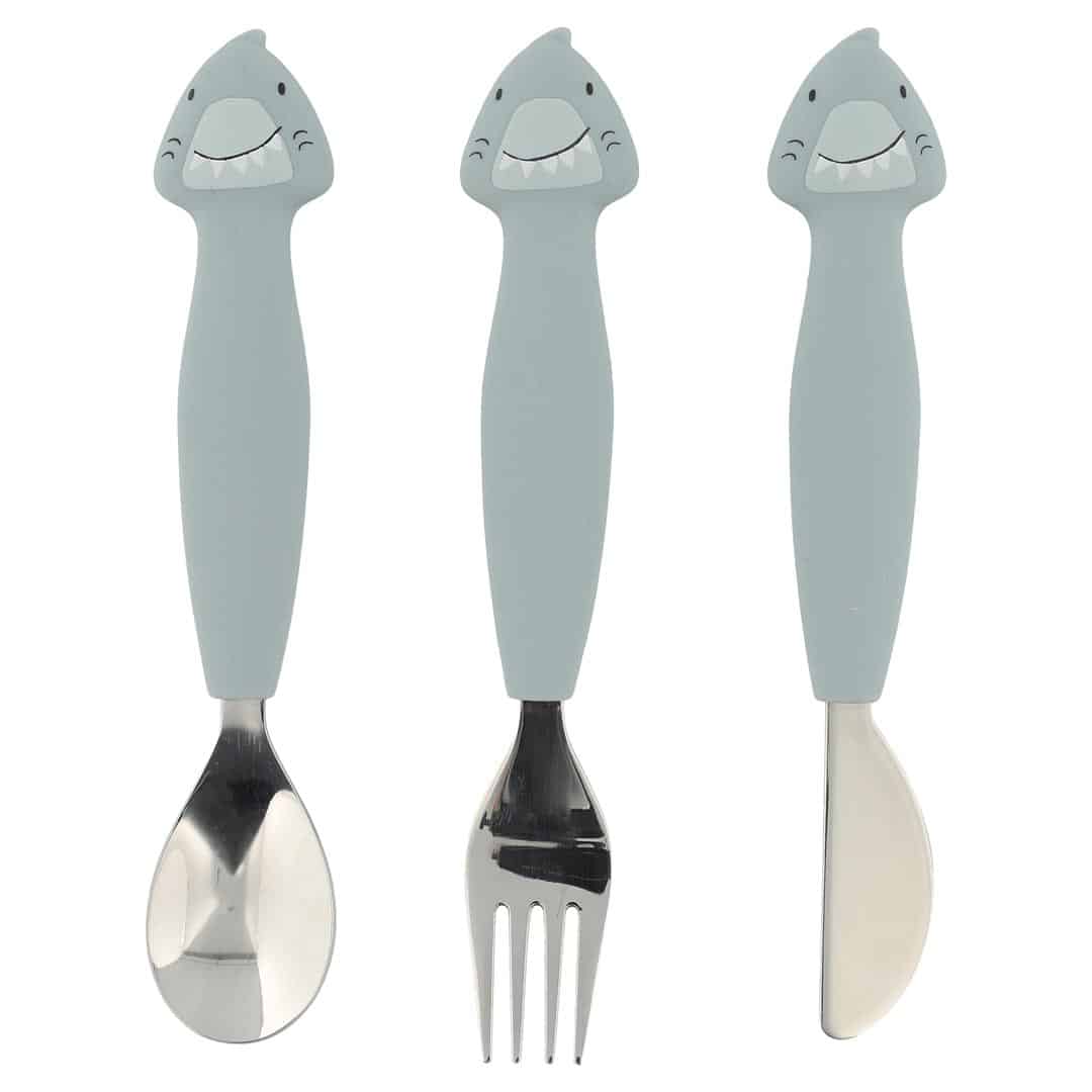 Couverts 3 Pièces en Silicone Mr Requin – Trixie - Vue de face sur fond blanc