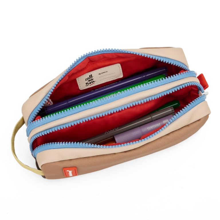 Trousse double compartiment mini walnut - Hello Hossy, vue du dessus trousse ouverte sur fond blanc
