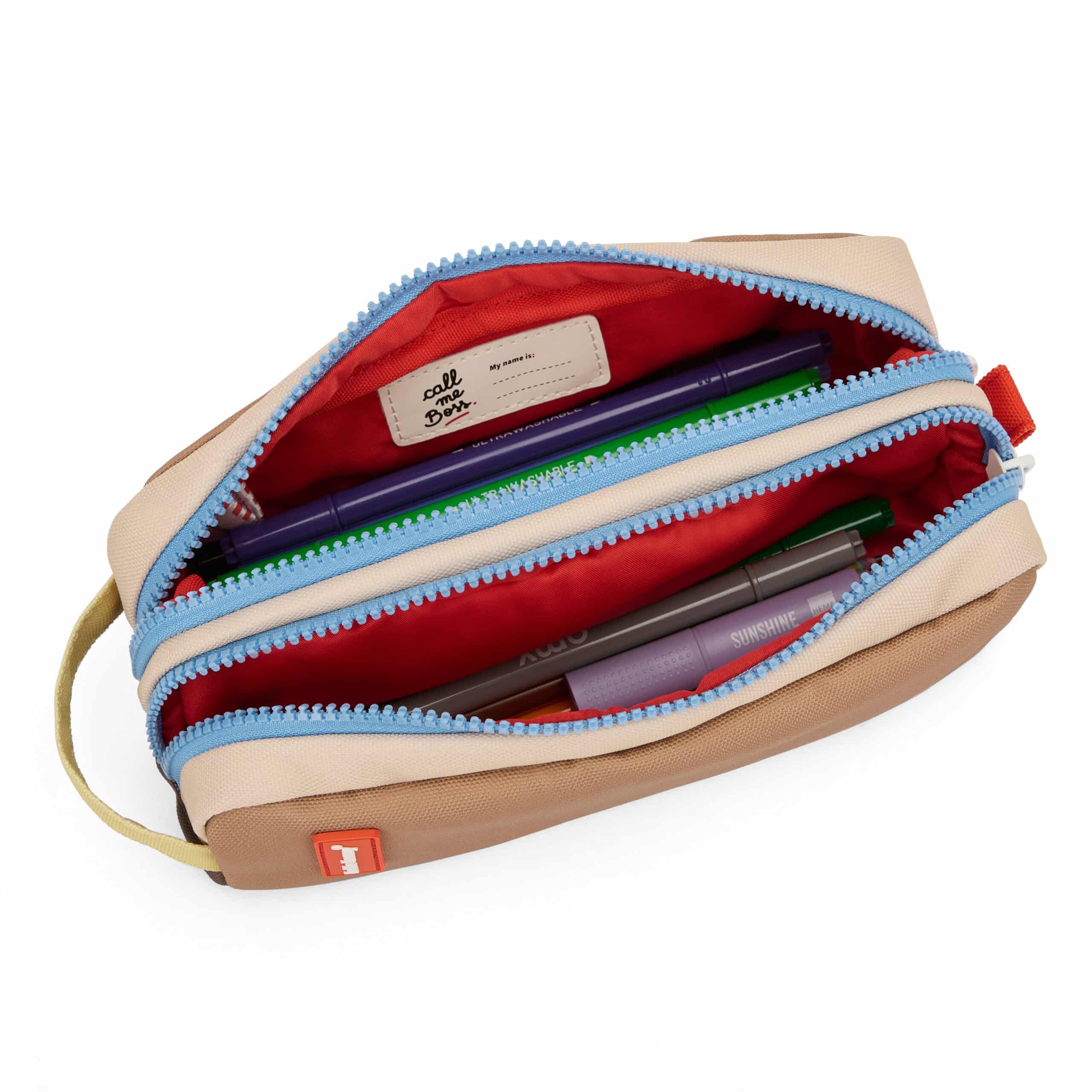 Trousse double compartiment mini walnut - Hello Hossy, vue du dessus trousse ouverte sur fond blanc