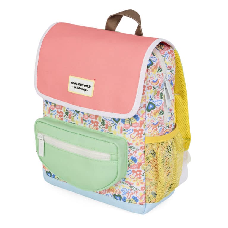 Sac à dos happiness - Hello Hossy, vue de biais sur fond blanc