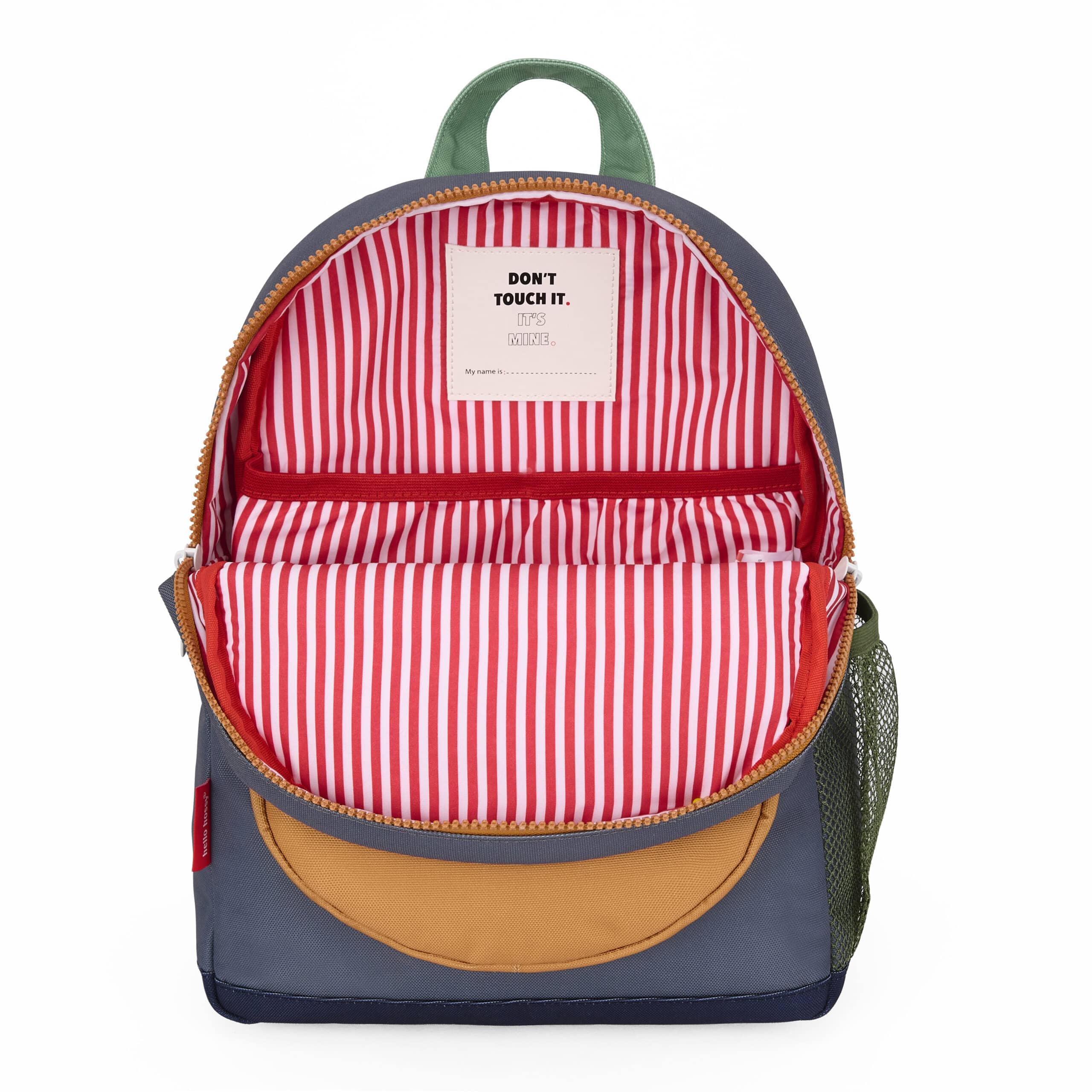 Sac à dos mini marine - Hello Hossy, vue de face sac ouvert sur fond blanc