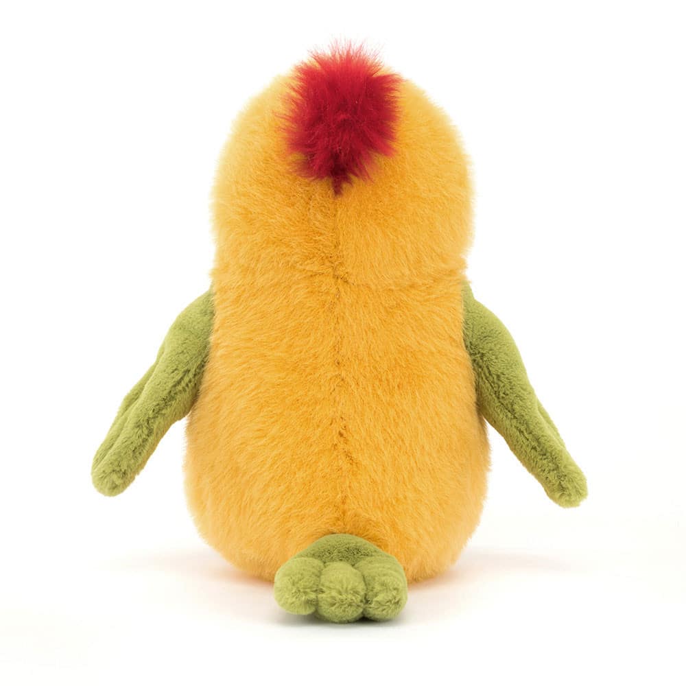 Doudou Perroquet Budgeby - Jellycat, vue de dos sur fond blanc