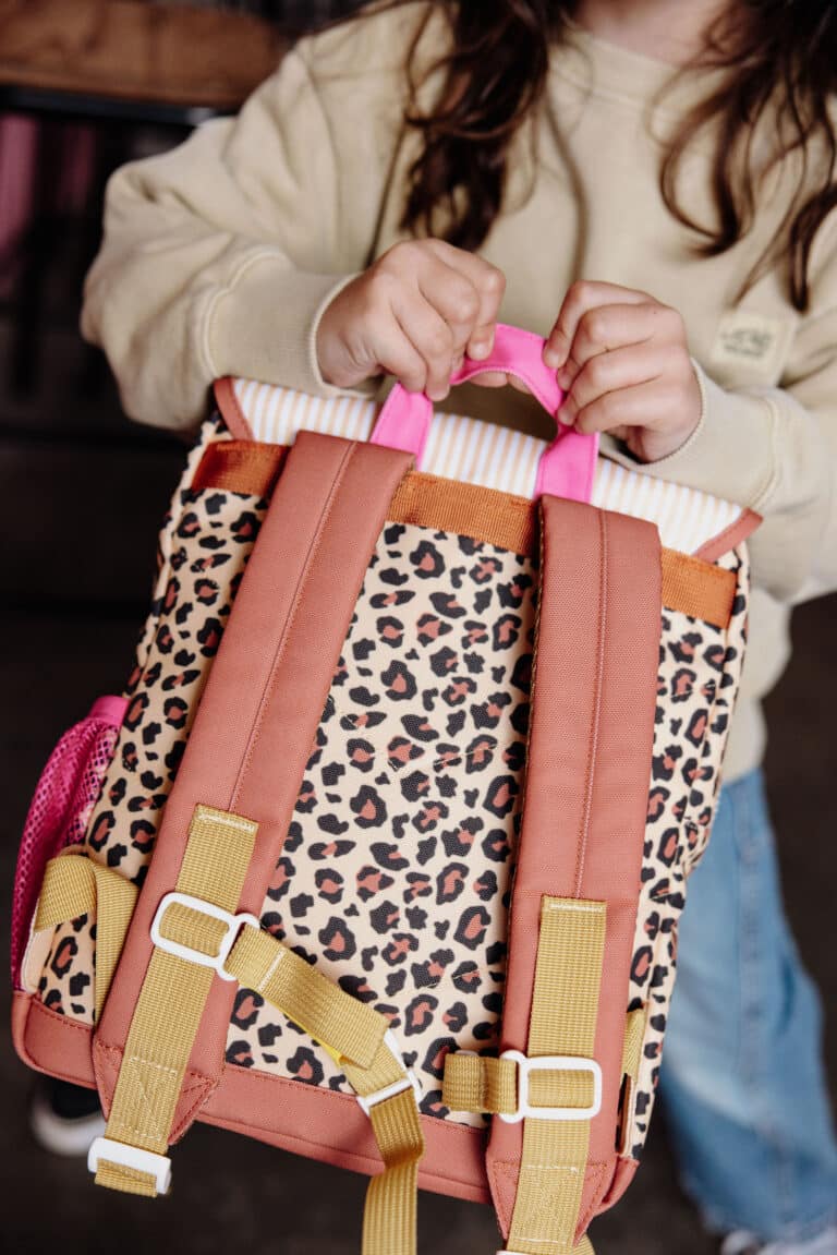 sac à dos hello hossy léopard vue zoomer sur l'arrière du sac et ses sangles
