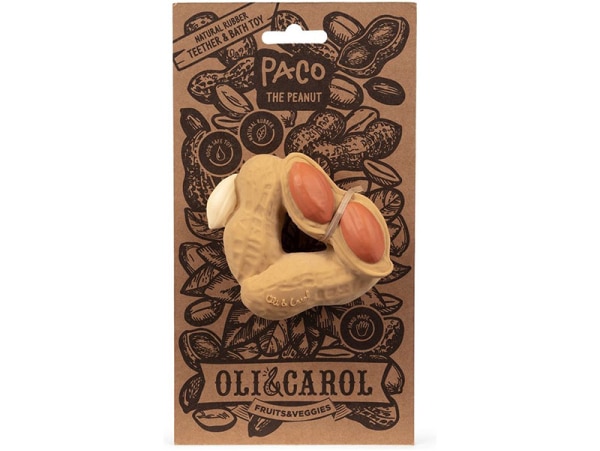Anneau de dentition en forme de cacahuète, fabriqué en caoutchouc 100 % naturel (hévéa), peint à la main, sans trou ni PVC/BPA, parfait pour soulager les gencives dès la naissance.