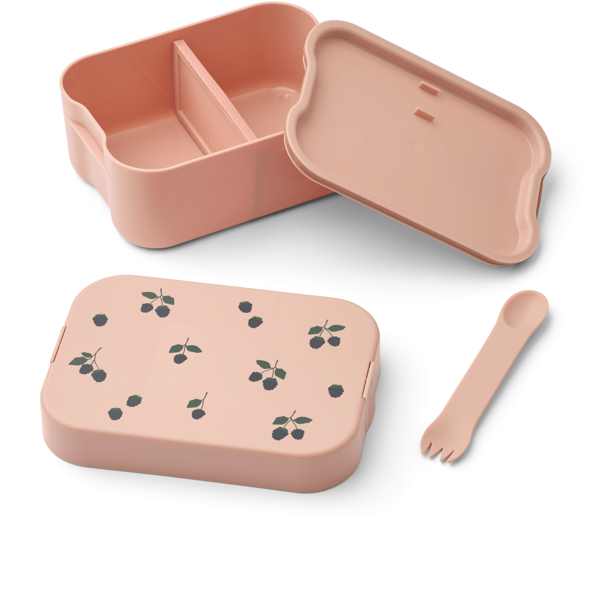 Lunchbox baies rose liewood vue intérieur avec fourchette cuillère et couvercle ouvert