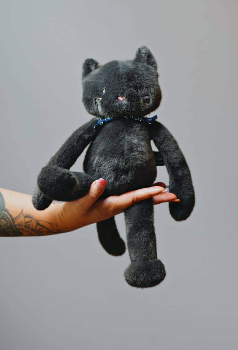 Peluche le chat Méloé Anthracite Maïlou fond gris posé sur main