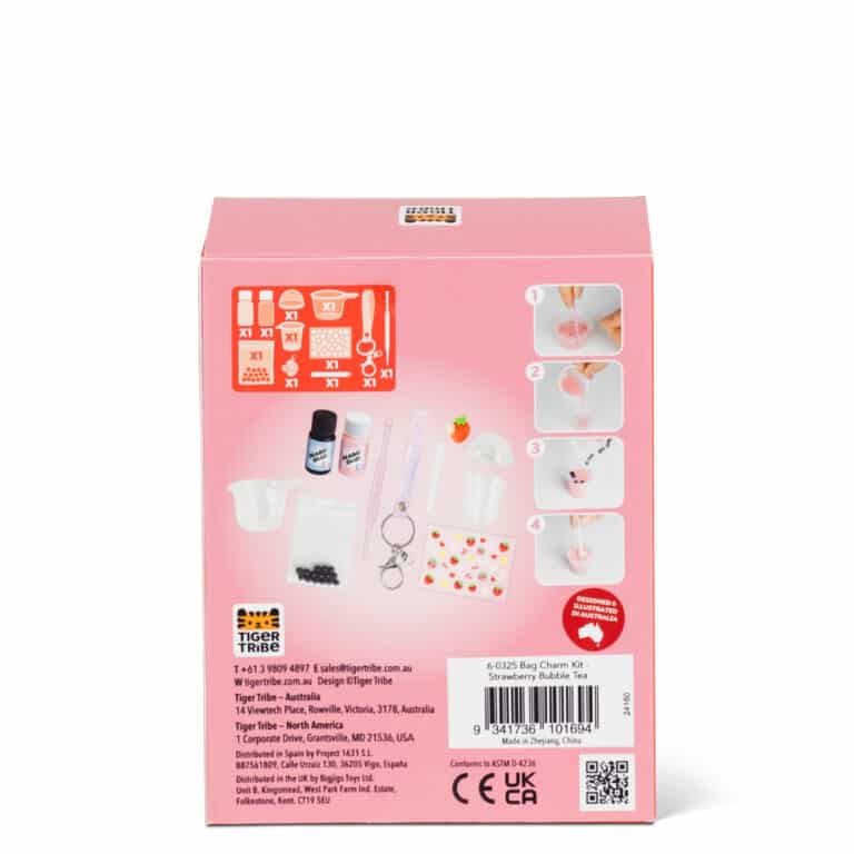 Kit créatif porte-clés charm bubble tea -Tiger tribe, vue du paquet de dos sur fond blanc