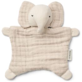 Doudou plat Amaya d’Éléphant Sandy – coton bio ultra‑doux, 20 × 22 cm, compagnon idéal pour les siestes et câlins dès la naissance. Little Marmaille, idées cadeaux de naissance, peluche, doudou éléphant