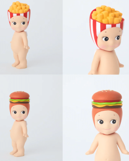 Sonny Angel® Série Snack de la marque Sonny Angel, vue du cornet de frites et du burger sur fond blanc