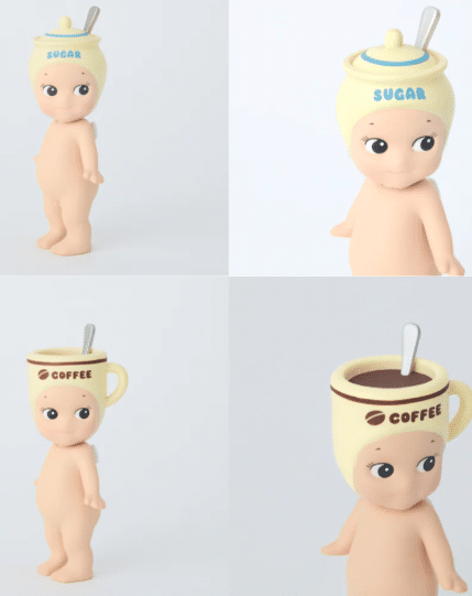 Sonny Angel® Série Snack de la marque Sonny Angel, vue du sucre et du café sur fond blanc
