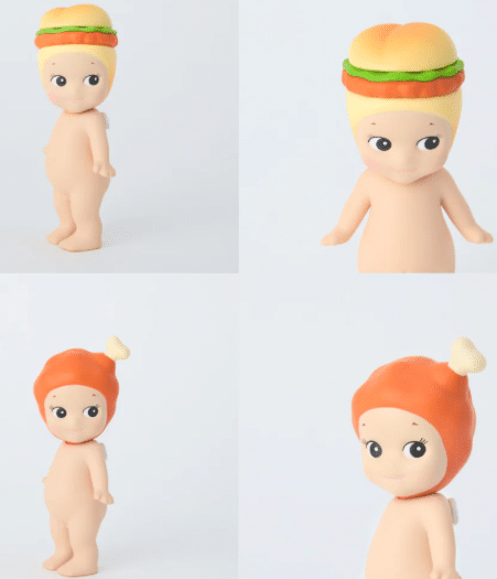 Sonny Angel® Série Snack de la marque Sonny Angel, vue du burger et du poulet sur fond blanc