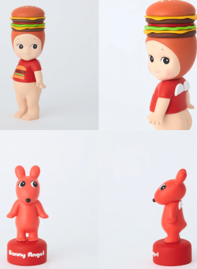Sonny Angel® Série Snack de la marque Sonny Angel, vue de la figurine secrète et du burger sur fond blanc