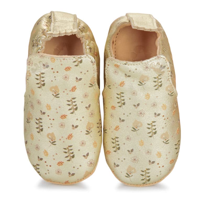Chaussons Blublu floral - doré - Easy Peasy, vue du dessus sur fond blanc