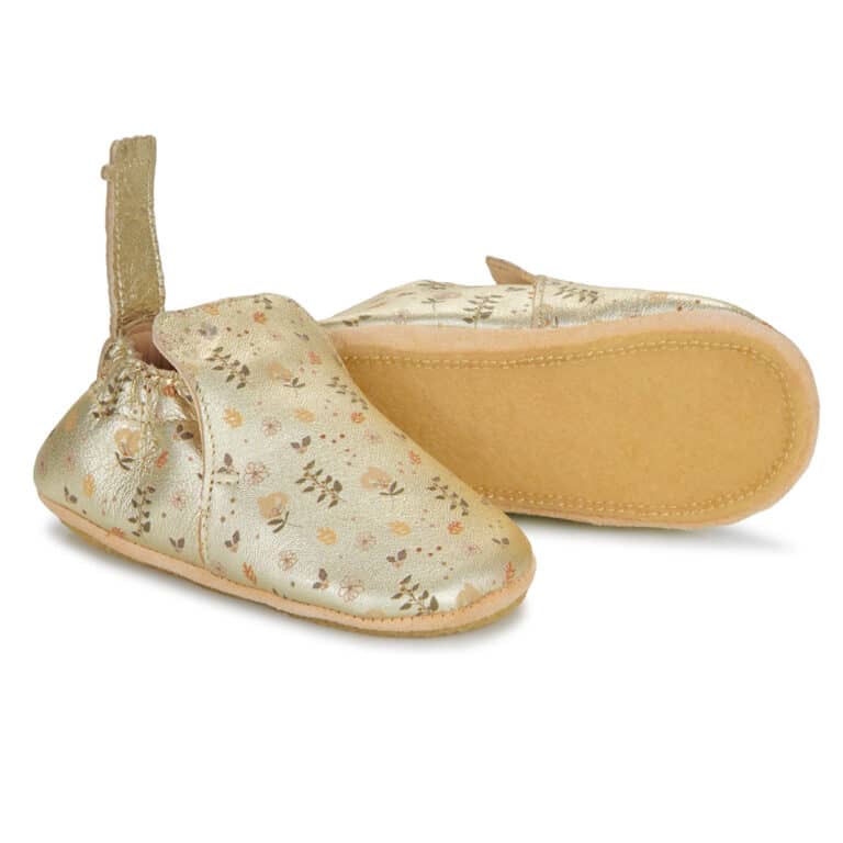 Chaussons Blublu floral - doré - Easy Peasy, vue de coté et de la semelle sur fond blanc