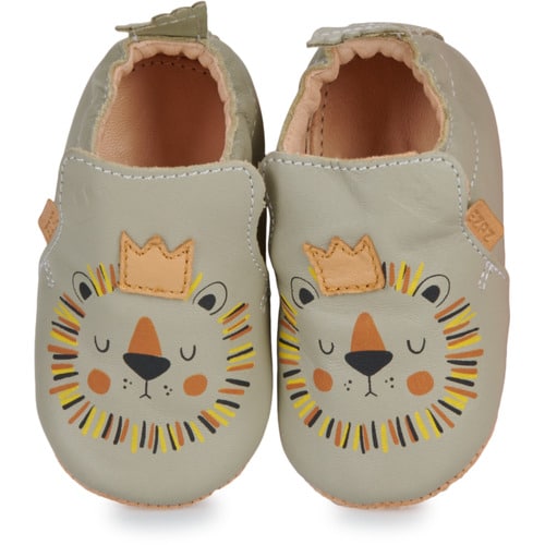 Chaussons Blublu lion - Vert amande - Easy Peasy, vue de face sur fond blanc