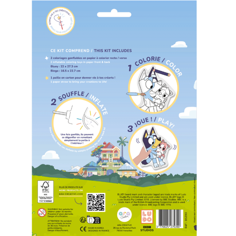 Coloriages gonflables - Bluey - Ara Créative, vue de l'emballage de dos sur fond blanc