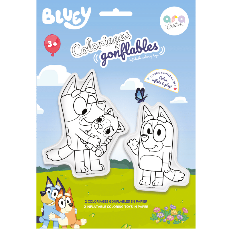 Coloriages gonflables - Bluey - Ara Créative, vue de l'emballage sur fond blanc