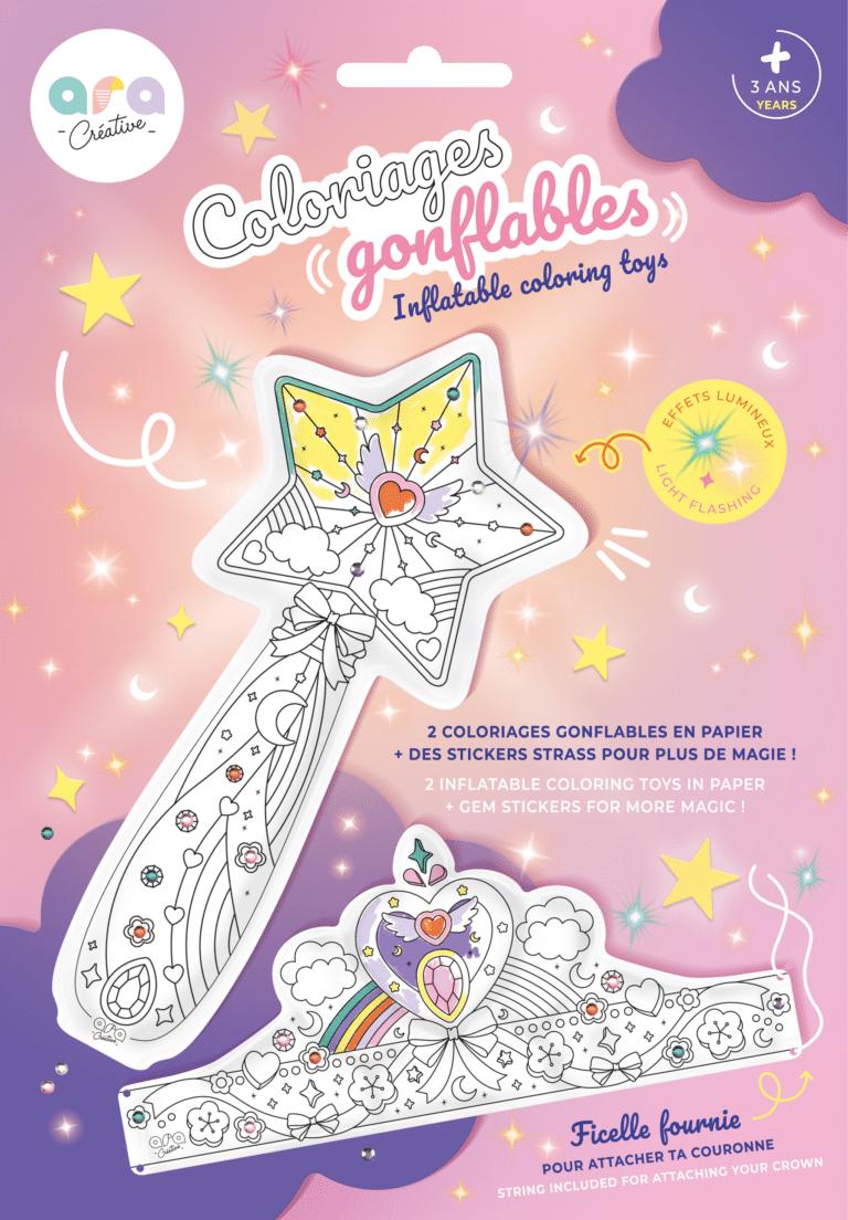 Coloriages gonflables - Couronne et baguette - Ara Créative, vue de l'emballage sur fond blanc