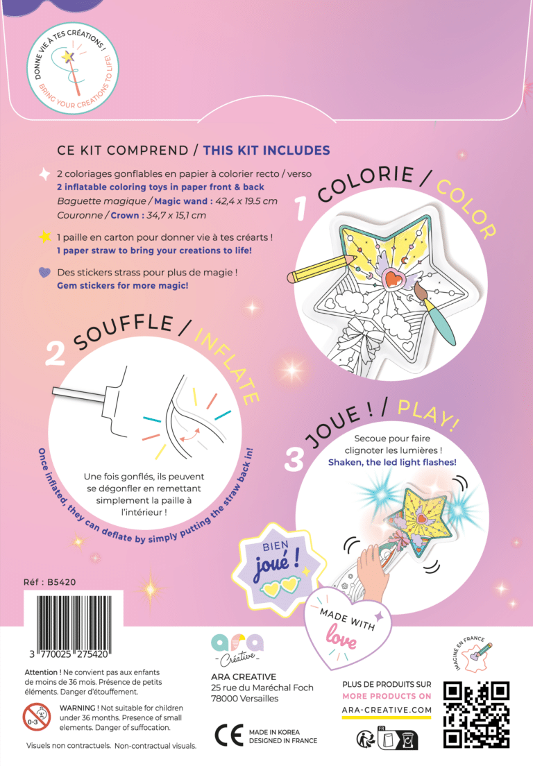 Coloriages gonflables - Couronne et baguette - Ara Créative, vue de l'emballage de dos sur fond blanc