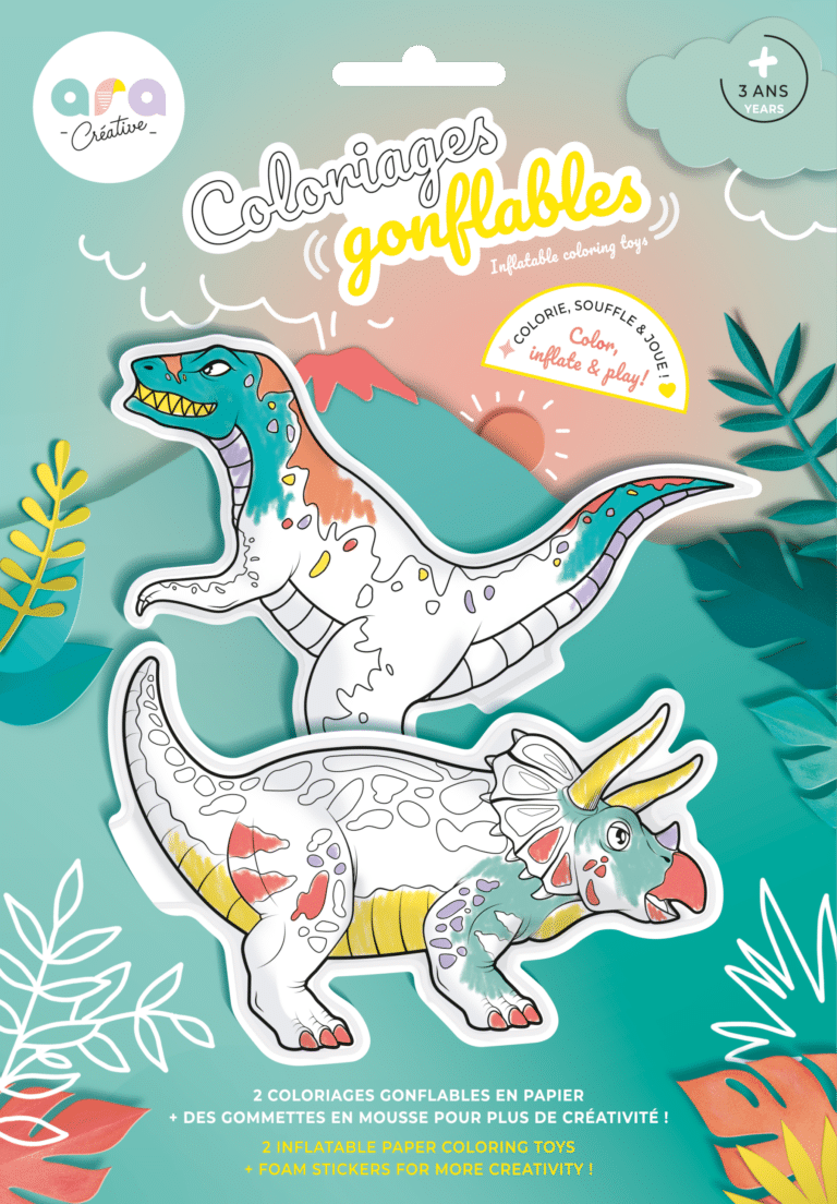 Coloriages gonflables - Dinosaures - Ara Créative, vue de l'emballage sur fond blanc