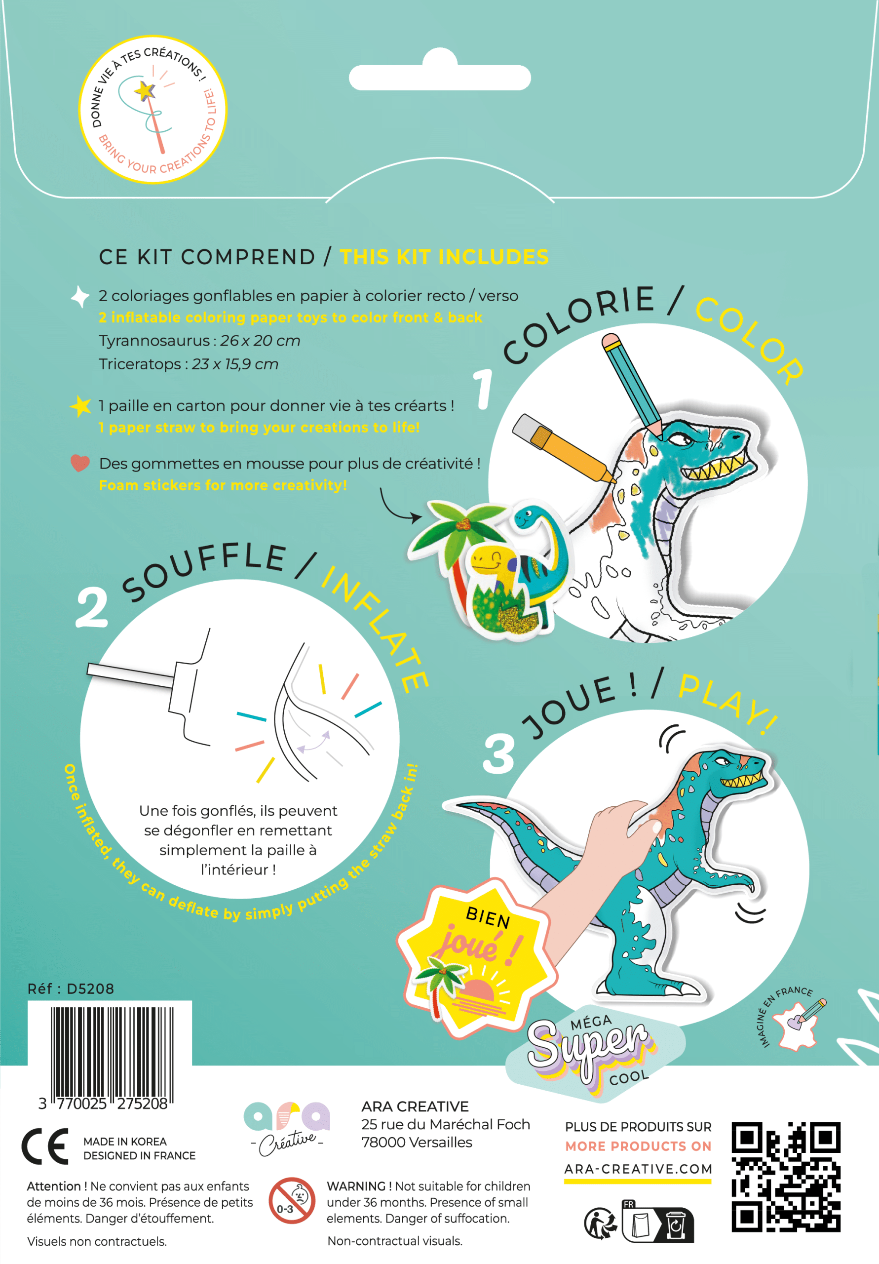 Coloriages gonflables - Dinosaures - Ara Créative, vue de l'emballage de dos sur fond blanc