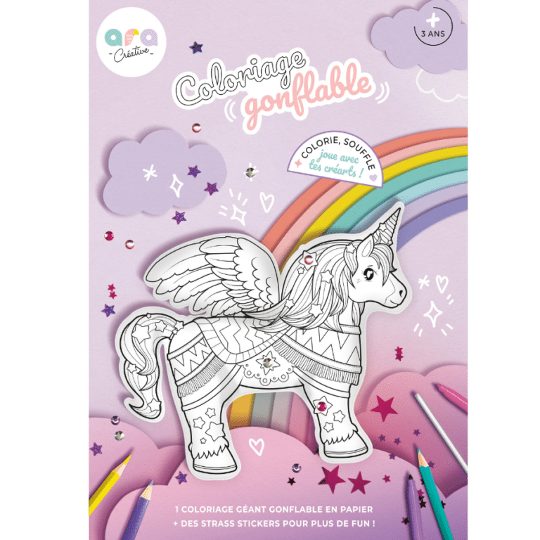 Coloriage gonflable géant - Licorne - Ara Créative, vue de l'emballage sur fond blanc